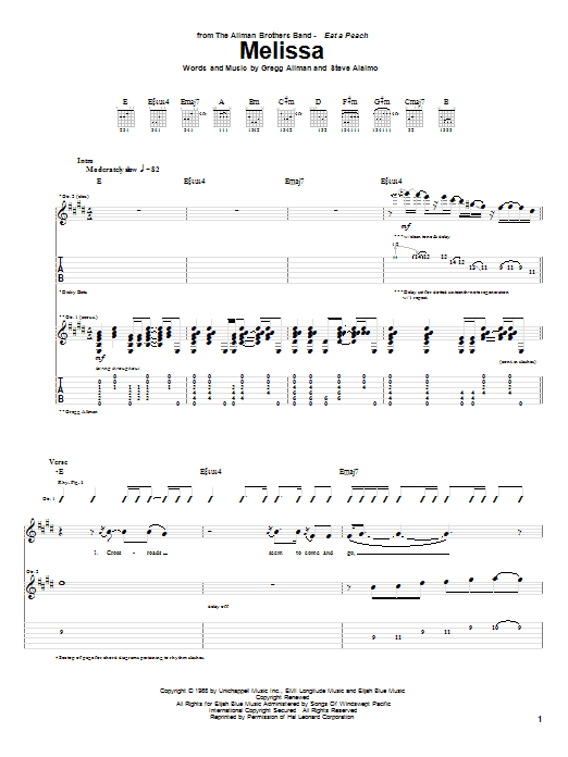 Allman Brothers Band Melissa sheet music notes and chords arranged for Guitar Chords/Lyrics