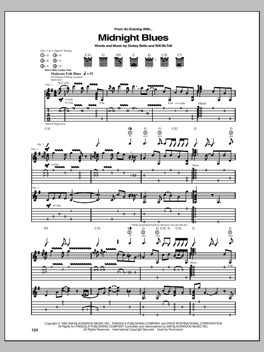 Allman Brothers Band Midnight Blues sheet music notes and chords arranged for Guitar Tab