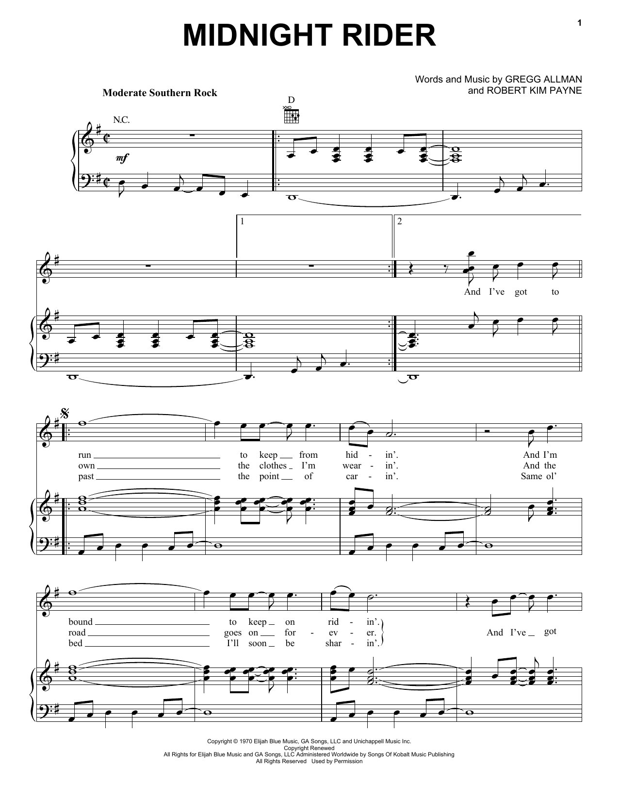 Allman Brothers Band Midnight Rider sheet music notes and chords arranged for Guitar Tab