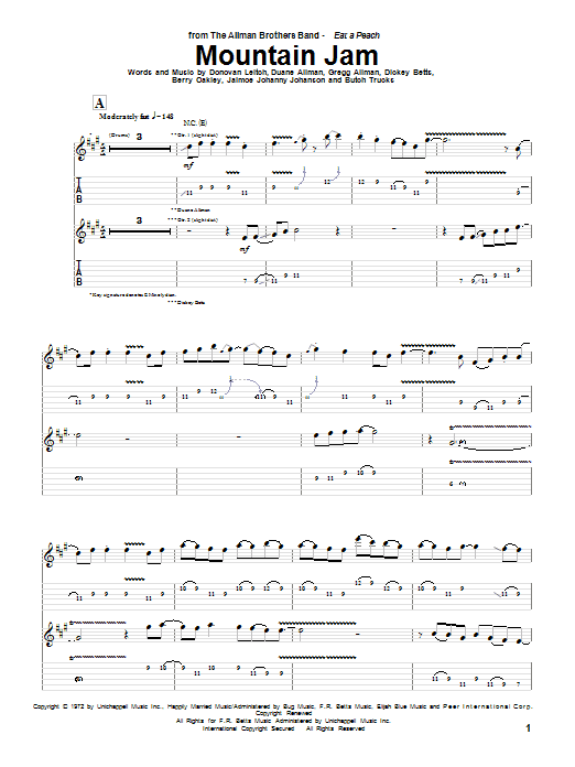 Allman Brothers Band Mountain Jam sheet music notes and chords arranged for Guitar Tab