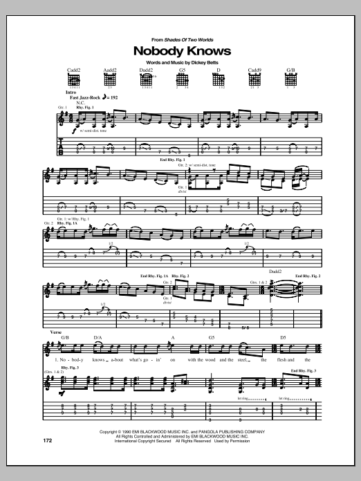 Allman Brothers Band Nobody Knows sheet music notes and chords arranged for Guitar Tab