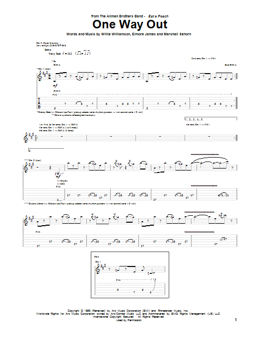 Allman Brothers Band One Way Out sheet music notes and chords arranged for Guitar Tab (Single Guitar)