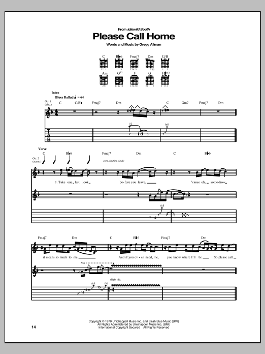 Allman Brothers Band Please Call Home sheet music notes and chords arranged for Guitar Tab