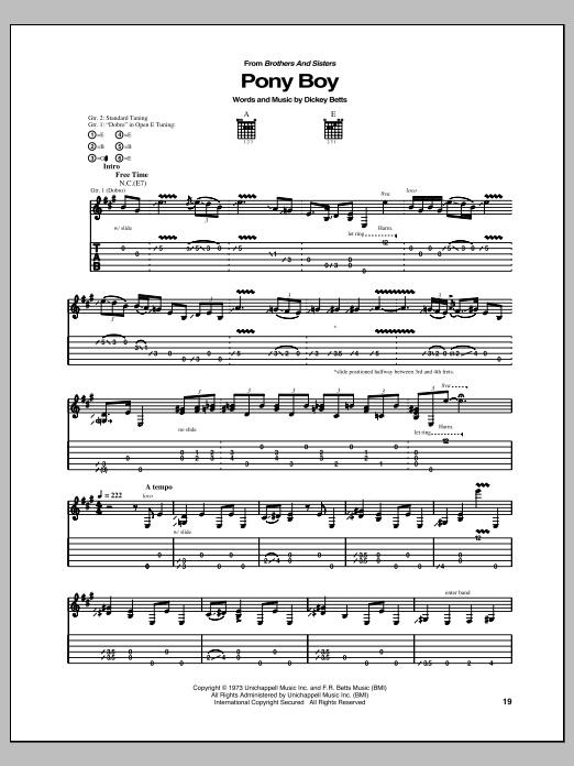 Allman Brothers Band Pony Boy sheet music notes and chords arranged for Guitar Tab