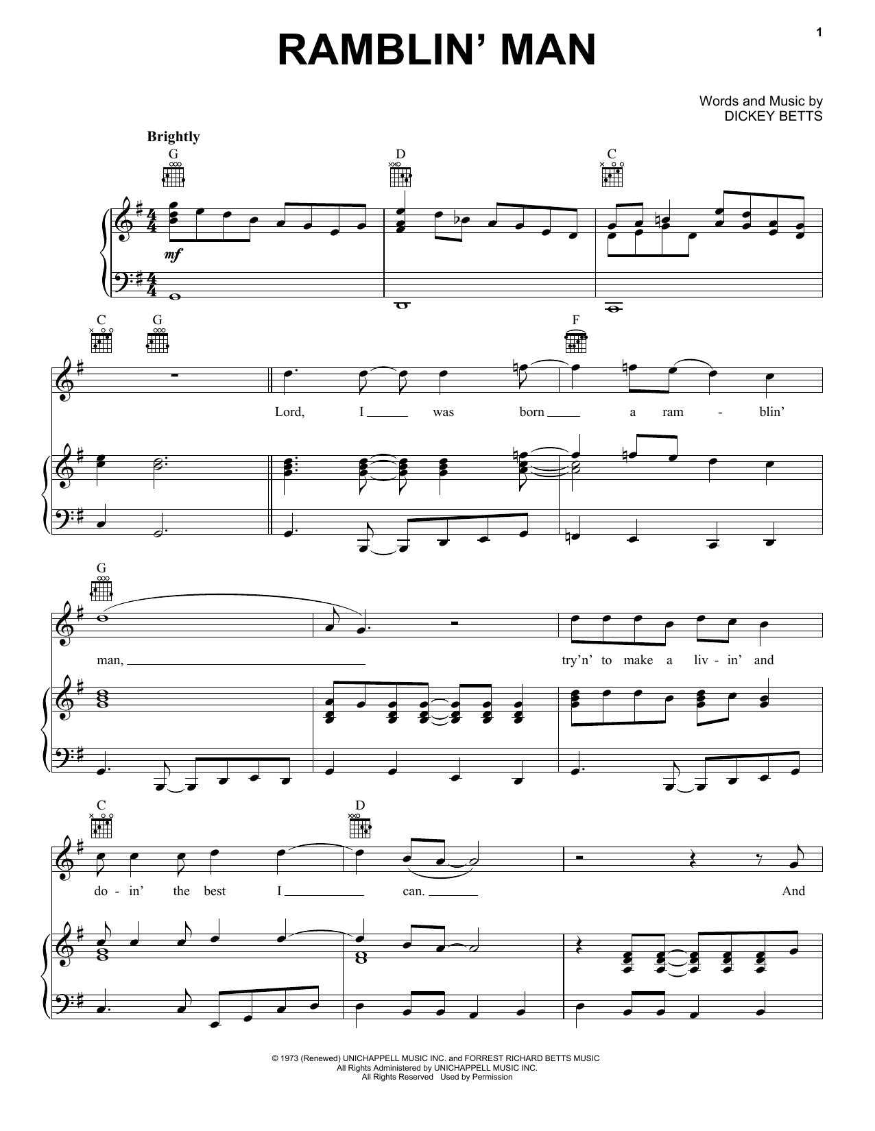 Allman Brothers Band Ramblin' Man sheet music notes and chords arranged for Piano, Vocal & Guitar Chords (Right-Hand Melody)