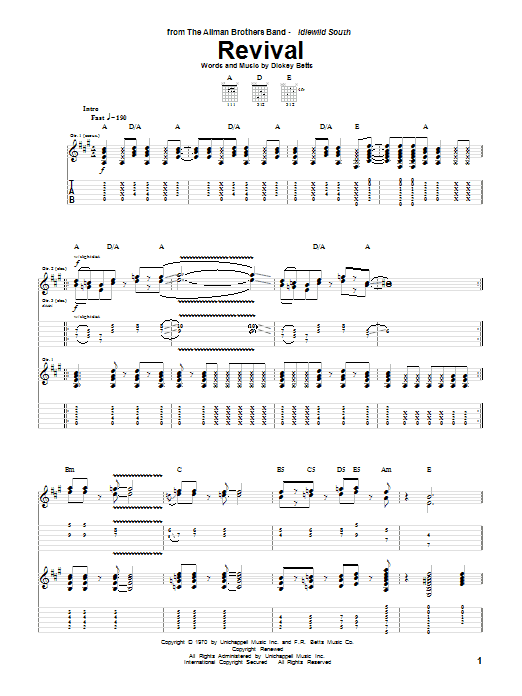 Allman Brothers Band Revival sheet music notes and chords arranged for Guitar Tab