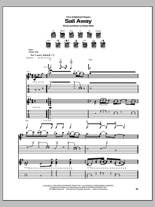 Allman Brothers Band Sail Away sheet music notes and chords arranged for Guitar Tab
