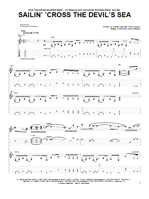 Allman Brothers Band Sailin' 'Cross The Devil's Sea sheet music notes and chords arranged for Guitar Tab