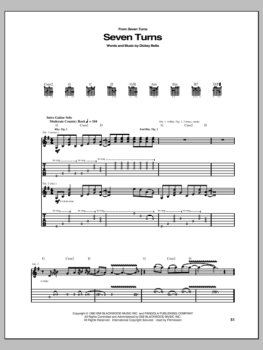 Allman Brothers Band Seven Turns sheet music notes and chords arranged for Guitar Tab