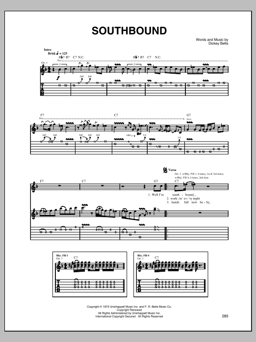 Allman Brothers Band Southbound sheet music notes and chords arranged for Piano, Vocal & Guitar Chords (Right-Hand Melody)