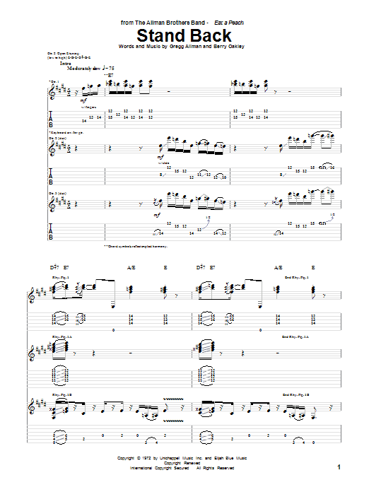 Allman Brothers Band Stand Back sheet music notes and chords arranged for Guitar Tab