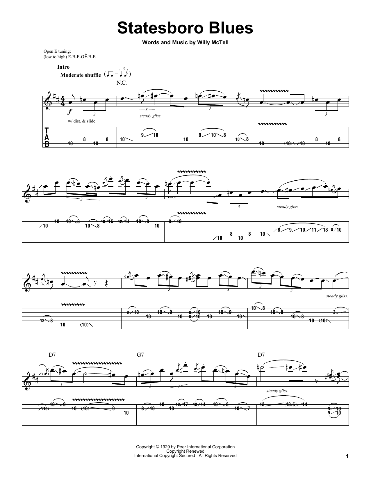 Allman Brothers Band Statesboro Blues sheet music notes and chords arranged for Guitar Tab
