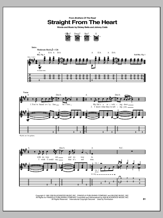 Allman Brothers Band Straight From The Heart sheet music notes and chords arranged for Guitar Tab