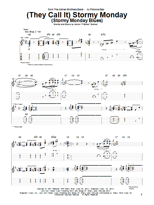 Allman Brothers Band (They Call It) Stormy Monday (Stormy Monday Blues) sheet music notes and chords arranged for Guitar Tab