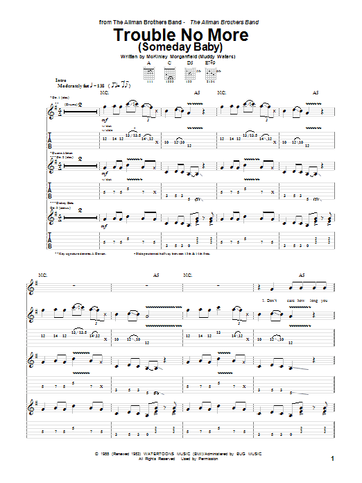 Allman Brothers Band Trouble No More (Someday Baby) sheet music notes and chords arranged for Guitar Tab