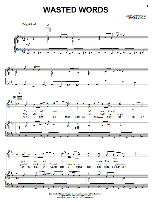 Allman Brothers Band Wasted Words sheet music notes and chords arranged for Piano, Vocal & Guitar Chords (Right-Hand Melody)