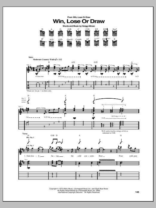 Allman Brothers Band Win, Lose Or Draw sheet music notes and chords arranged for Guitar Tab