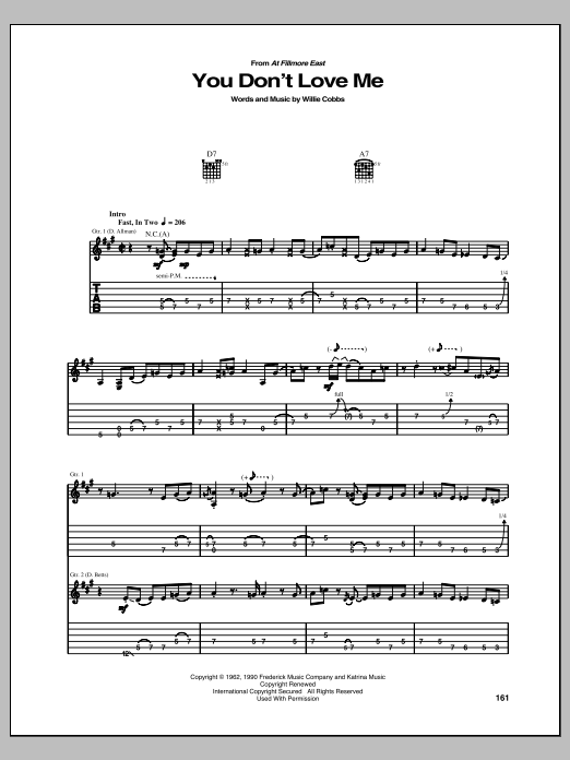 Allman Brothers Band You Don't Love Me sheet music notes and chords arranged for Guitar Tab