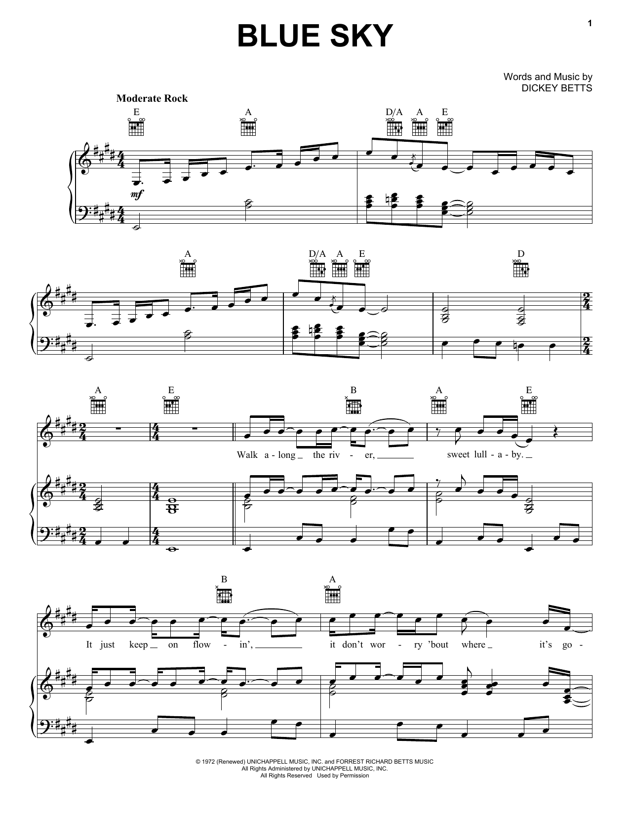 Allman Brothers Blue Sky sheet music notes and chords arranged for Piano, Vocal & Guitar Chords (Right-Hand Melody)