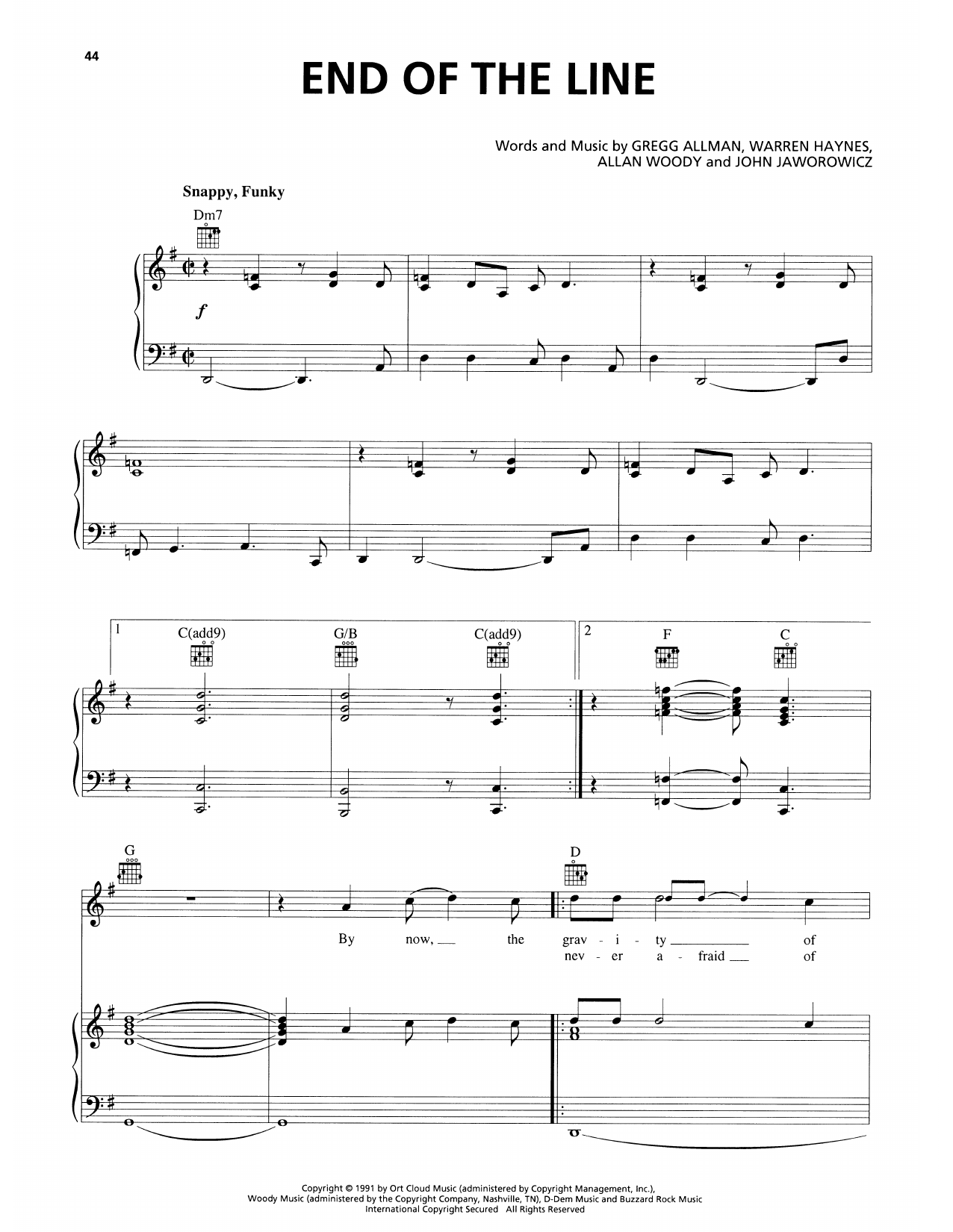 Allman Brothers End Of The Line sheet music notes and chords arranged for Piano, Vocal & Guitar Chords (Right-Hand Melody)