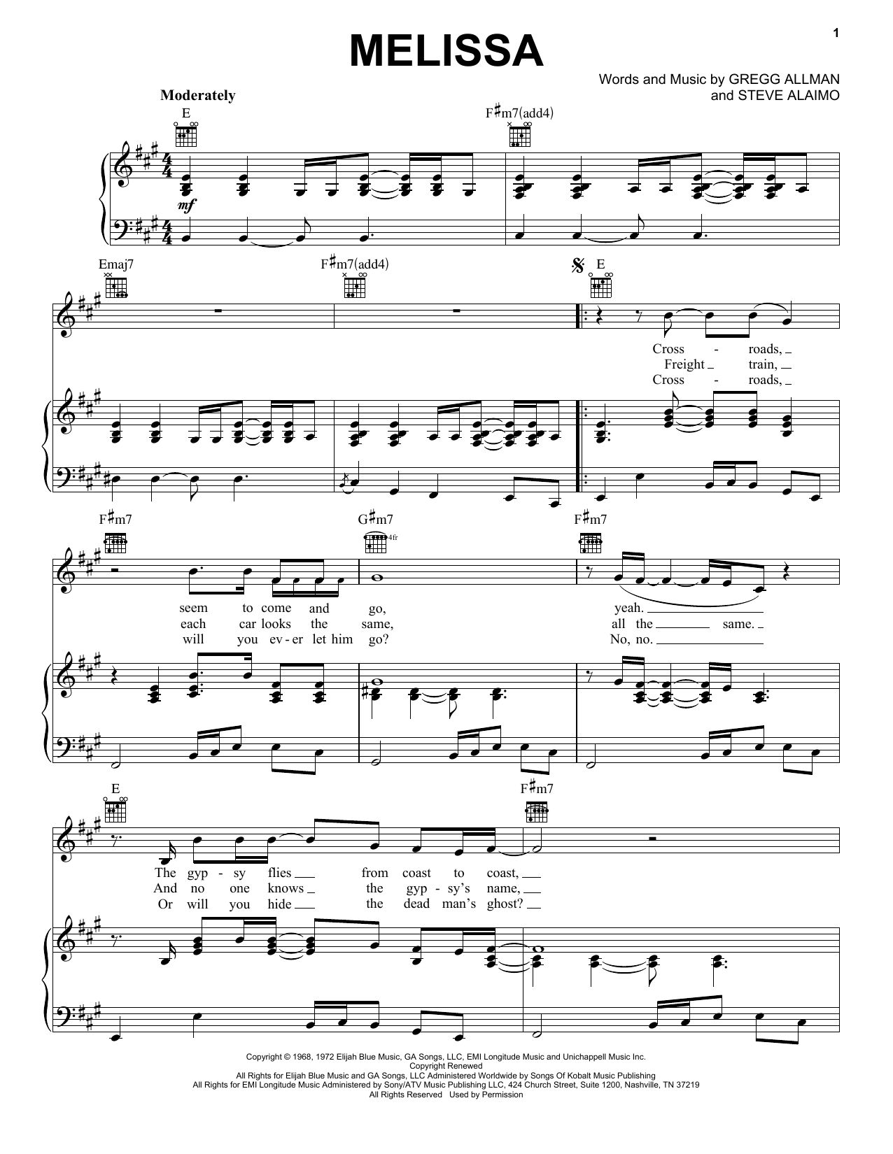 Allman Brothers Melissa sheet music notes and chords arranged for Piano, Vocal & Guitar Chords (Right-Hand Melody)