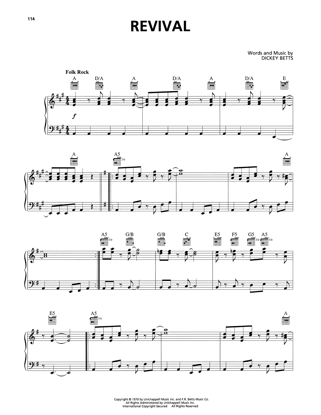 Allman Brothers Revival sheet music notes and chords arranged for Piano, Vocal & Guitar Chords (Right-Hand Melody)