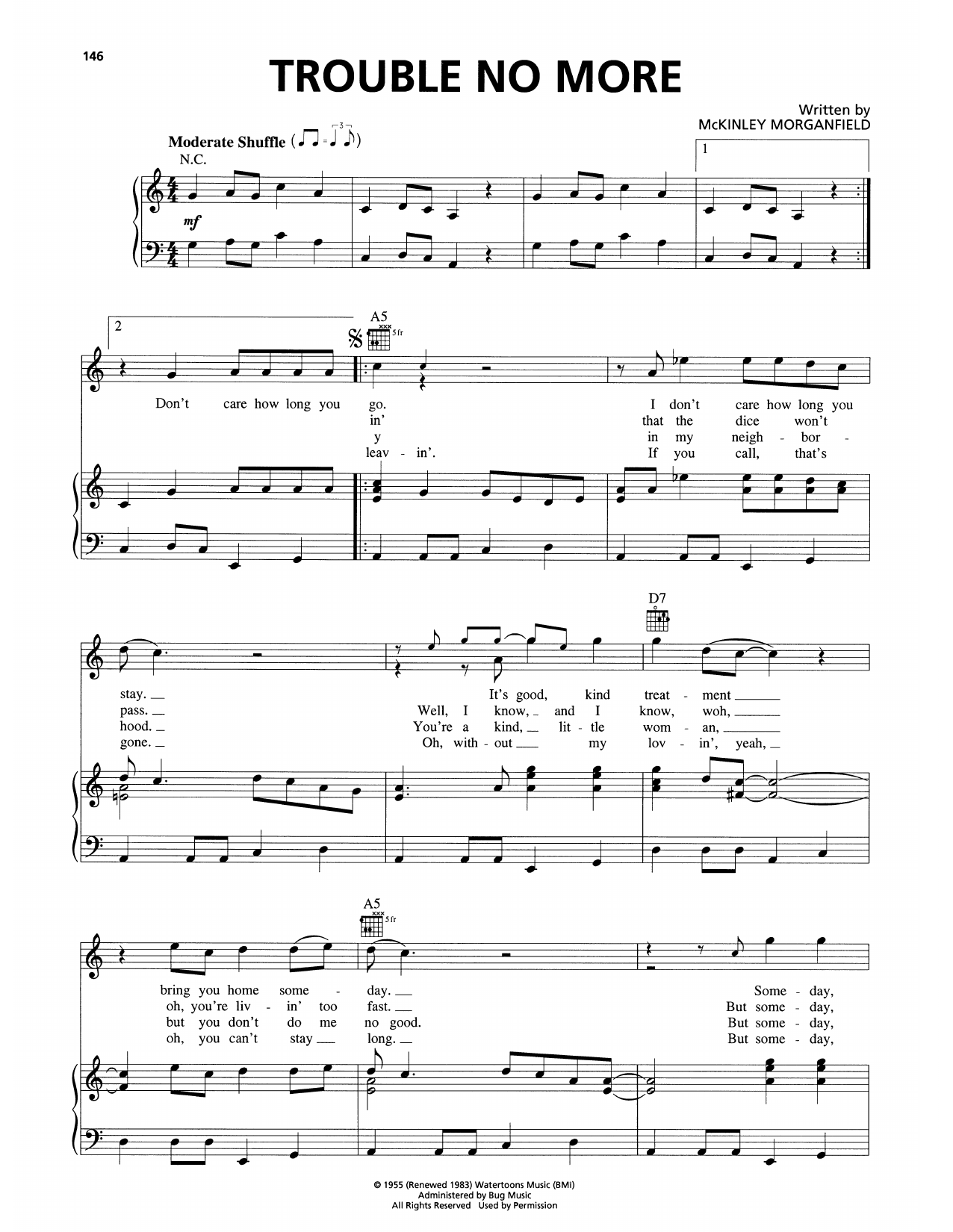 Allman Brothers Trouble No More (Someday Baby) sheet music notes and chords arranged for Piano, Vocal & Guitar Chords (Right-Hand Melody)