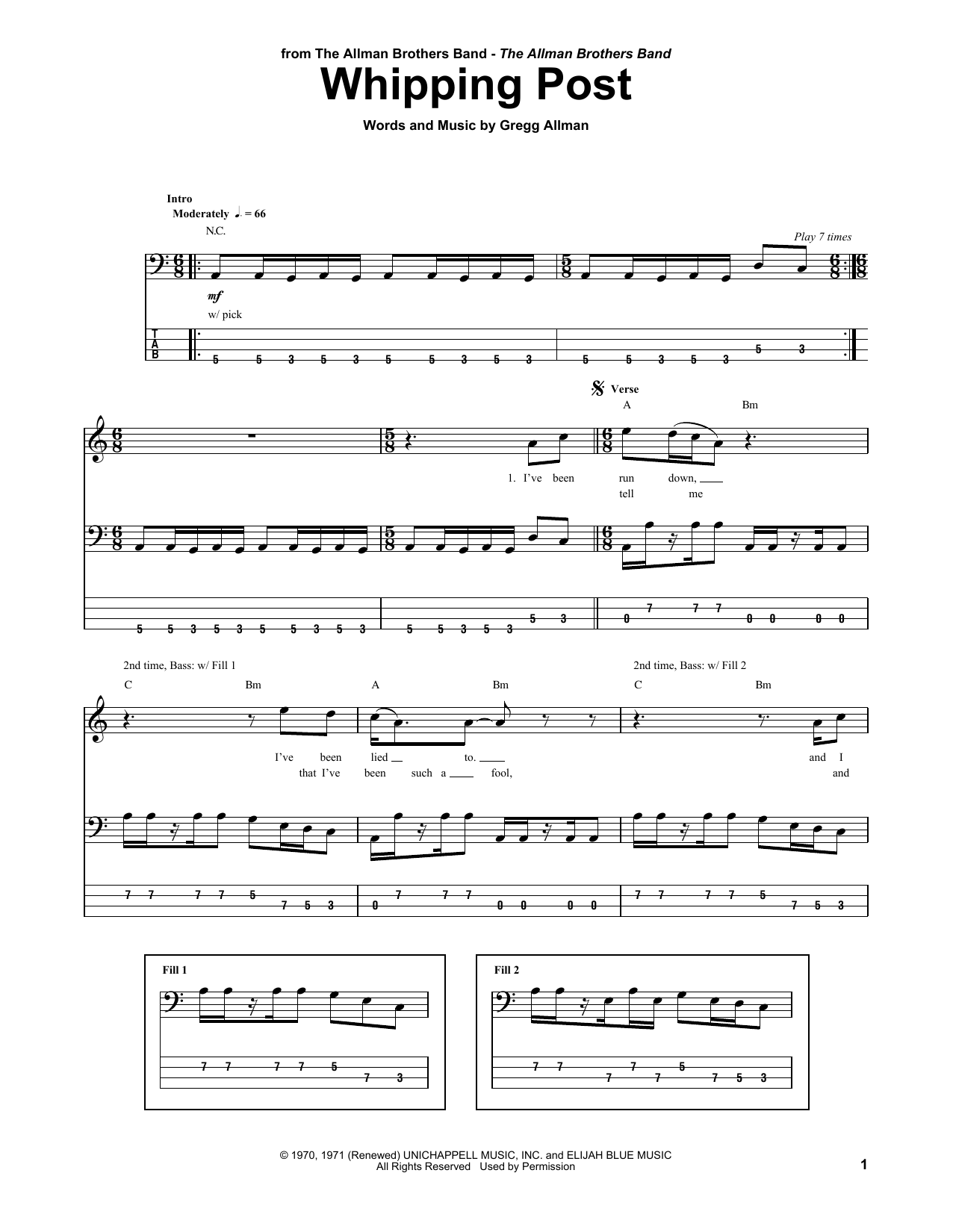Allman Brothers Whipping Post sheet music notes and chords arranged for Bass Guitar Tab