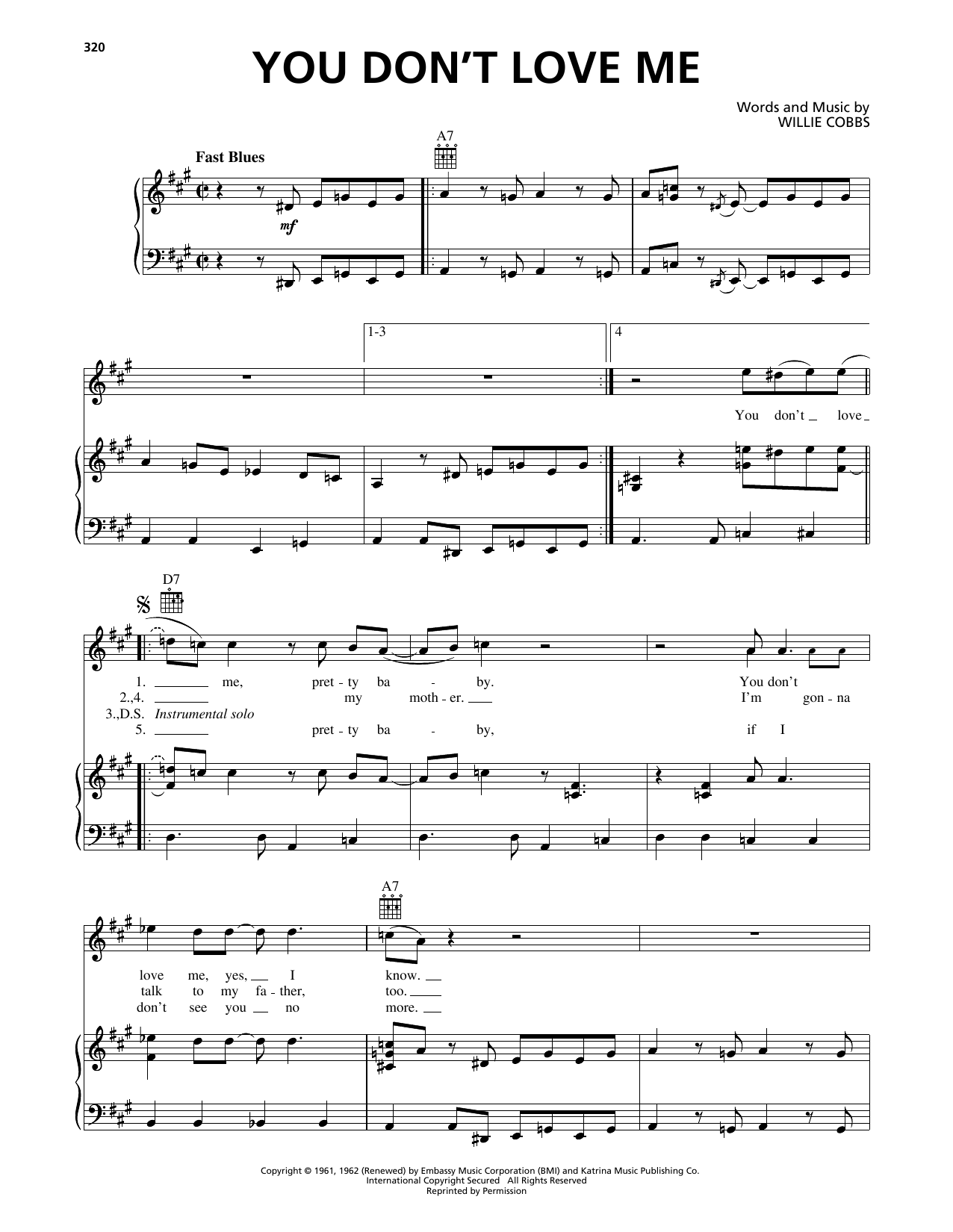 Allman Brothers You Don't Love Me sheet music notes and chords arranged for Piano, Vocal & Guitar Chords (Right-Hand Melody)