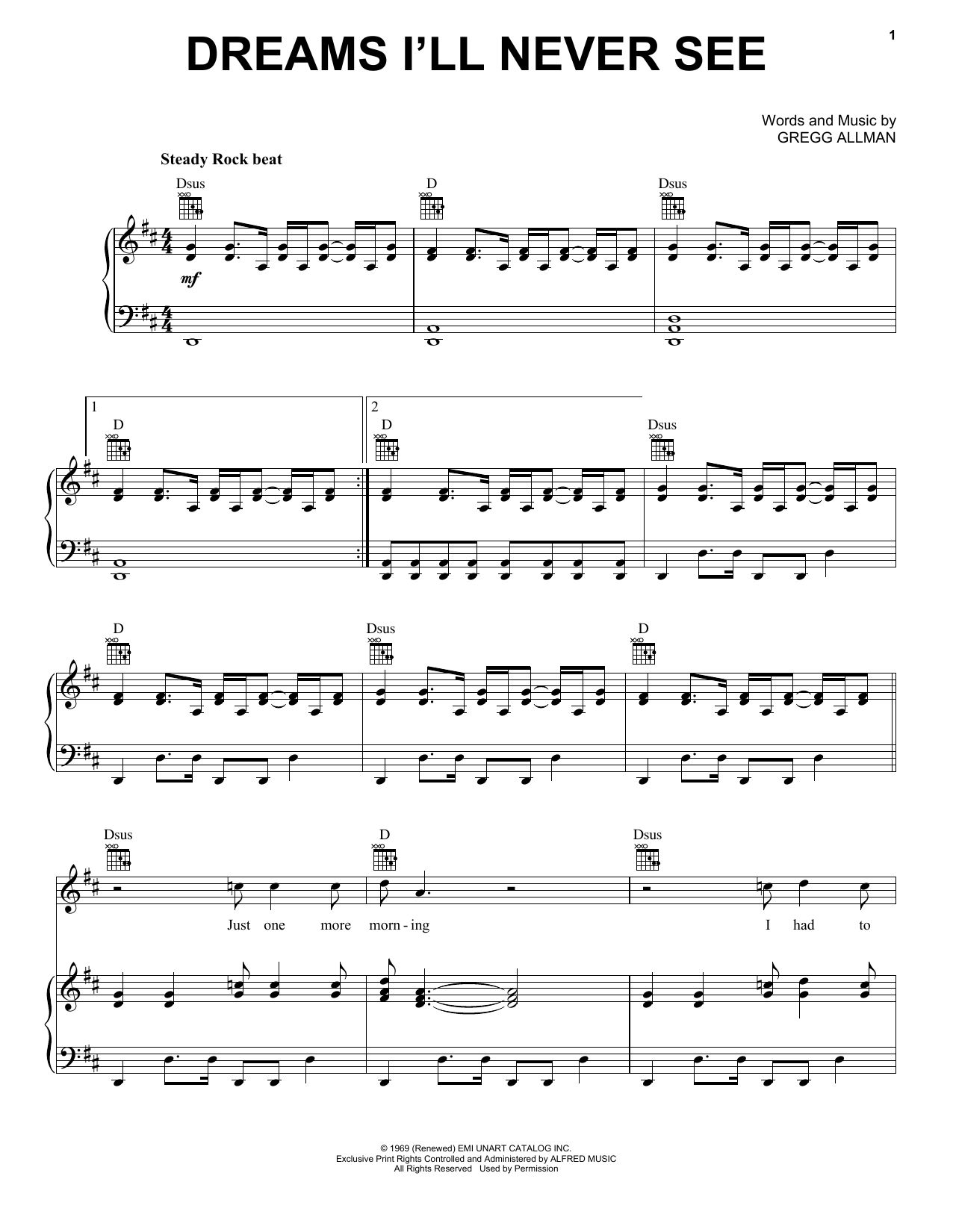 Allman Brothers Dreams I'll Never See sheet music notes and chords arranged for Piano, Vocal & Guitar Chords (Right-Hand Melody)