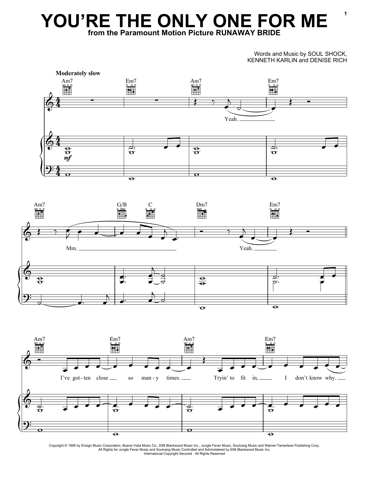 Allure You're The Only One For Me sheet music notes and chords arranged for Piano, Vocal & Guitar Chords (Right-Hand Melody)