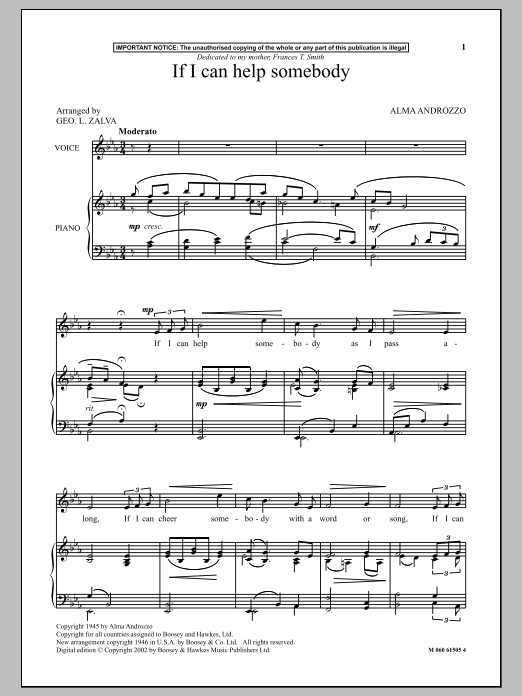 Alma Androzzo If I Can Help Somebody sheet music notes and chords arranged for Piano & Vocal