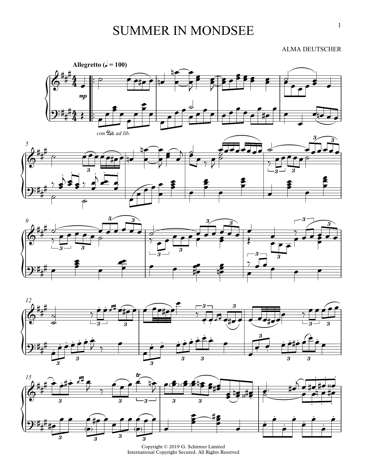 Alma Deutscher Summer In Mondsee (Allegretto in A Major) sheet music notes and chords arranged for Piano Solo