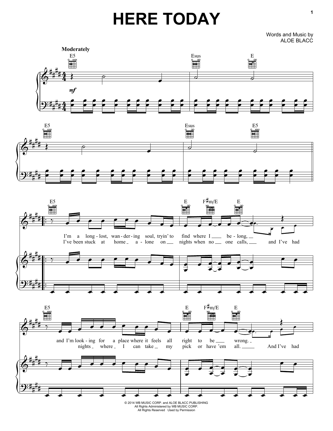 Aloe Blacc Here Today sheet music notes and chords arranged for Piano, Vocal & Guitar Chords (Right-Hand Melody)
