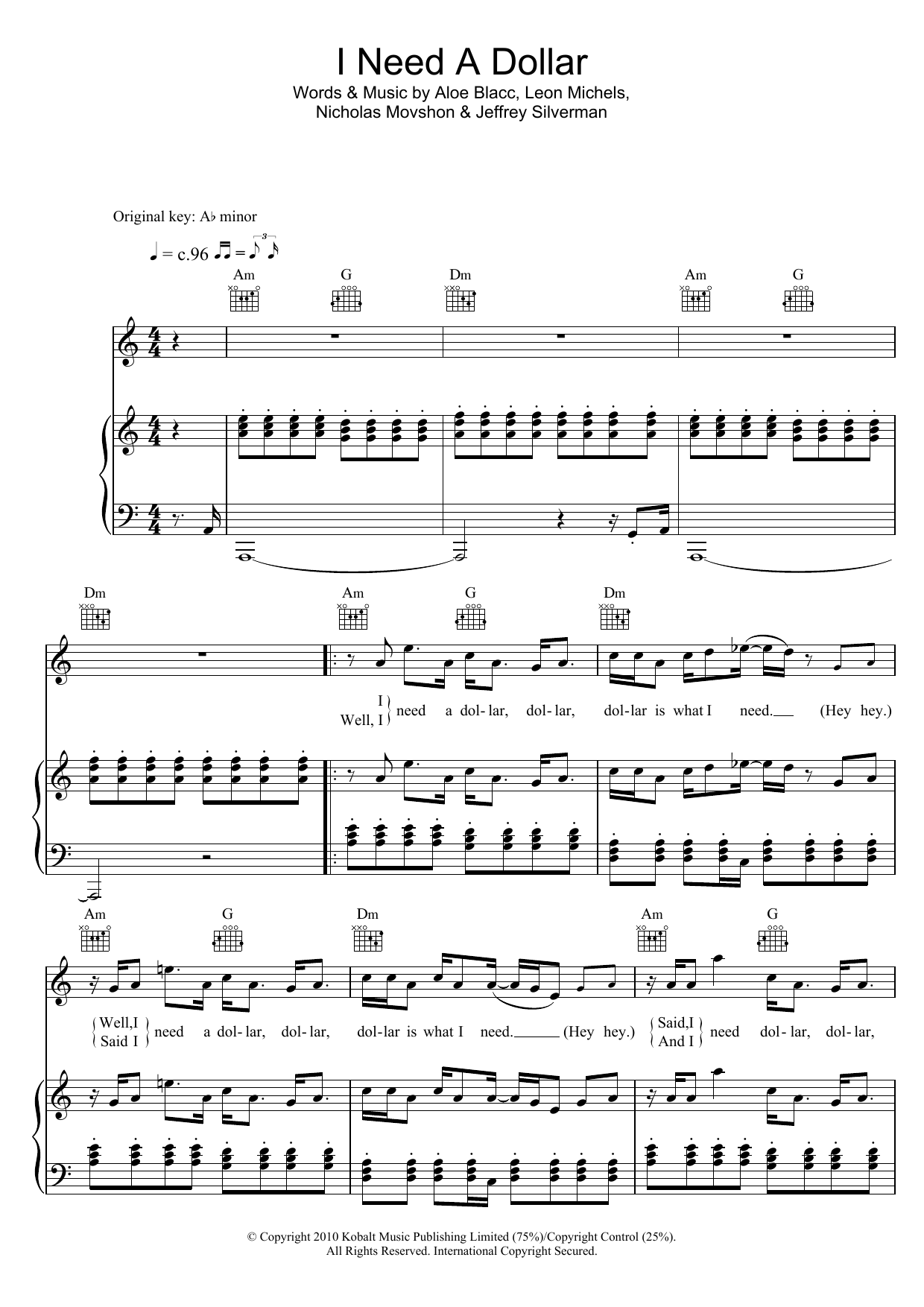 Aloe Blacc I Need A Dollar sheet music notes and chords arranged for Piano, Vocal & Guitar Chords