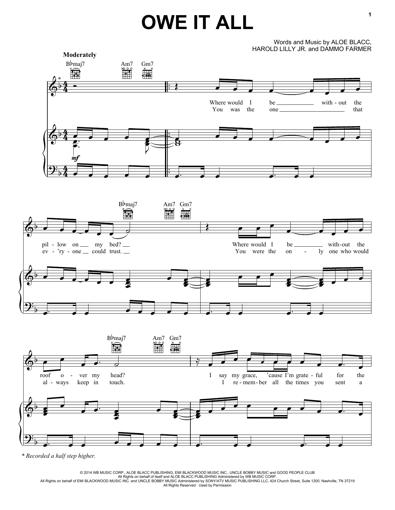 Aloe Blacc Owe It All sheet music notes and chords arranged for Piano, Vocal & Guitar Chords (Right-Hand Melody)