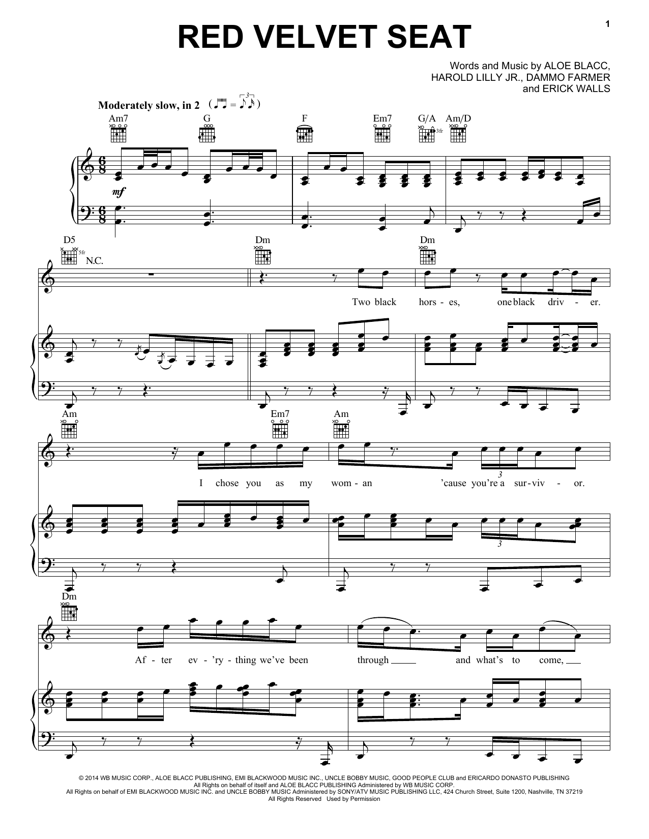 Aloe Blacc Red Velvet Seat sheet music notes and chords arranged for Piano, Vocal & Guitar Chords (Right-Hand Melody)