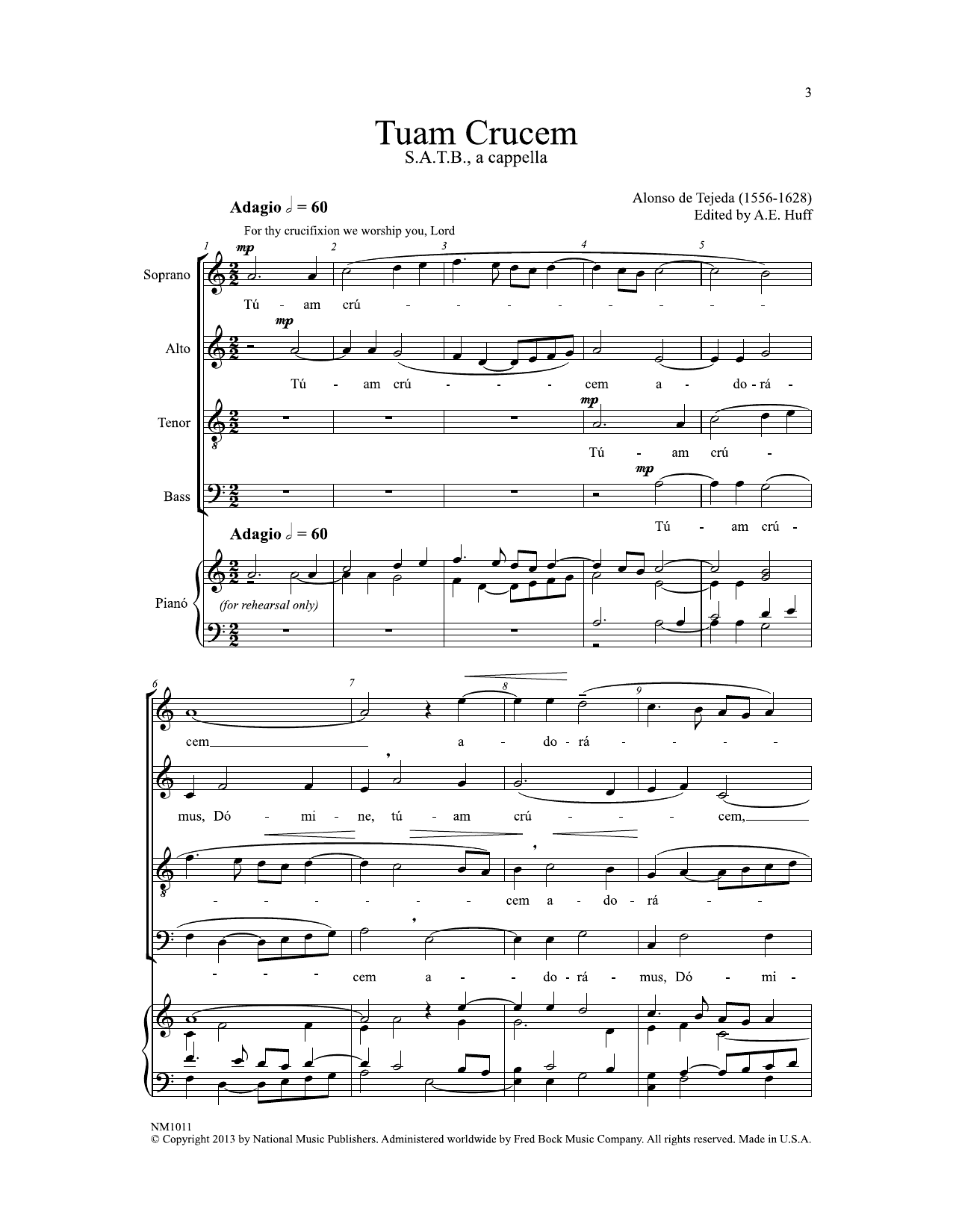 Alonso de Tejeda Tuam Crucem (ed. Arthur E. Huff) sheet music notes and chords arranged for SATB Choir