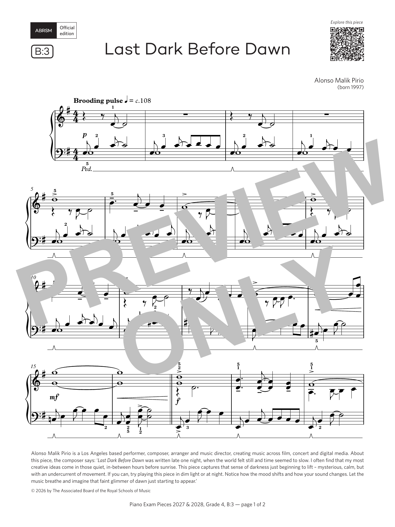 Alonso Malik Pirio Last Dark Before Dawn (Grade 4, list B3, from the ABRSM Piano Syllabus 2027 & 2028) sheet music notes and chords arranged for Piano Solo