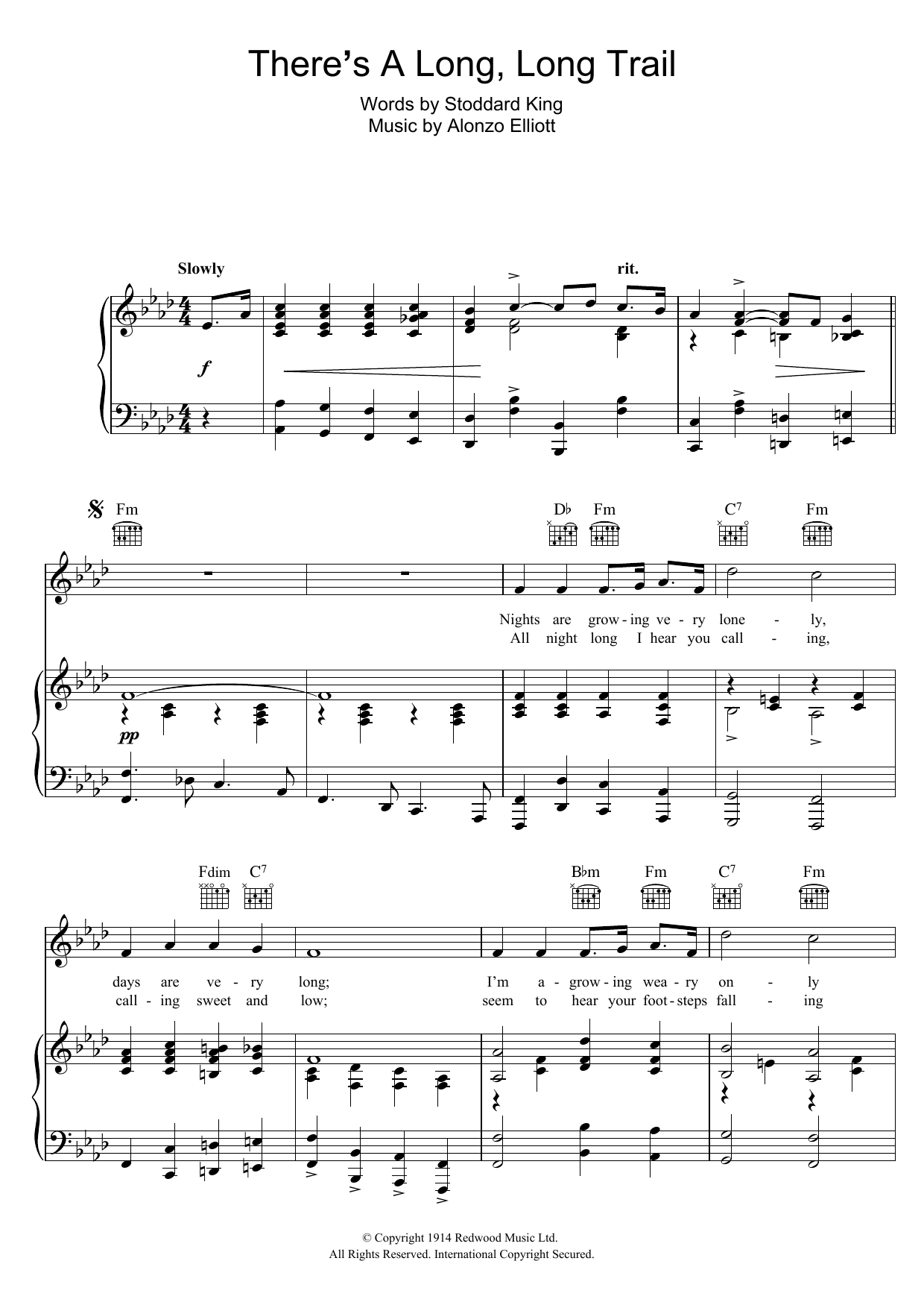 Alonzo Elliott There's A Long, Long Trail sheet music notes and chords arranged for Piano, Vocal & Guitar Chords