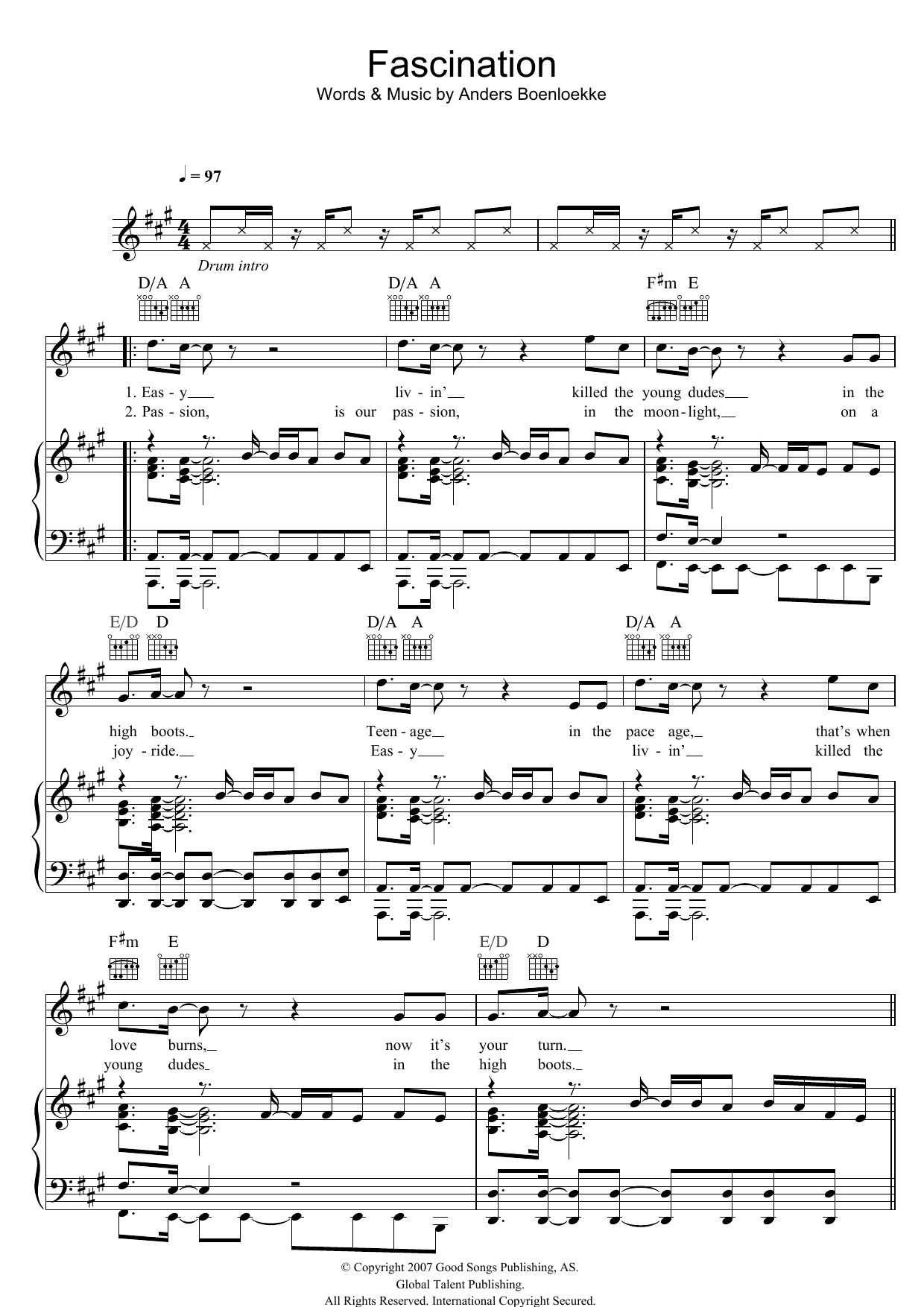 Alphabeat Fascination sheet music notes and chords arranged for Piano, Vocal & Guitar Chords