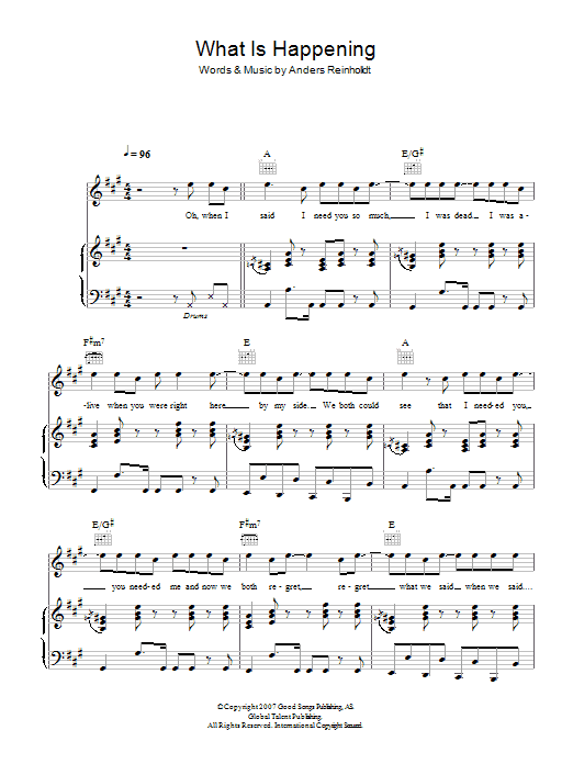 Alphabeat What Is Happening sheet music notes and chords arranged for Piano, Vocal & Guitar Chords