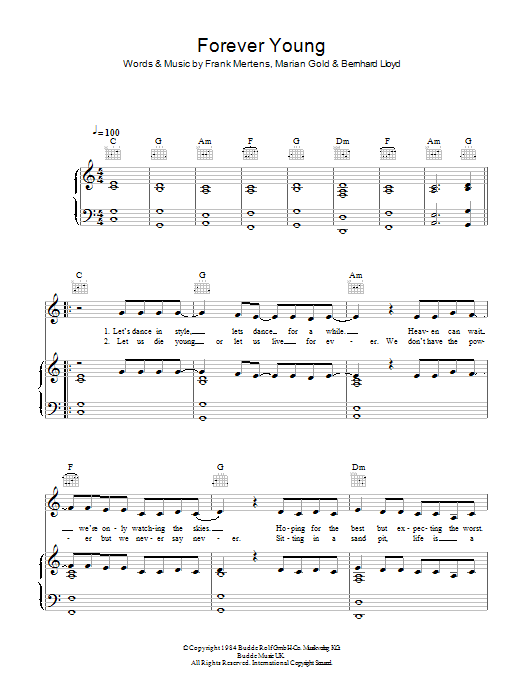 Alphaville Forever Young sheet music notes and chords arranged for Piano, Vocal & Guitar Chords