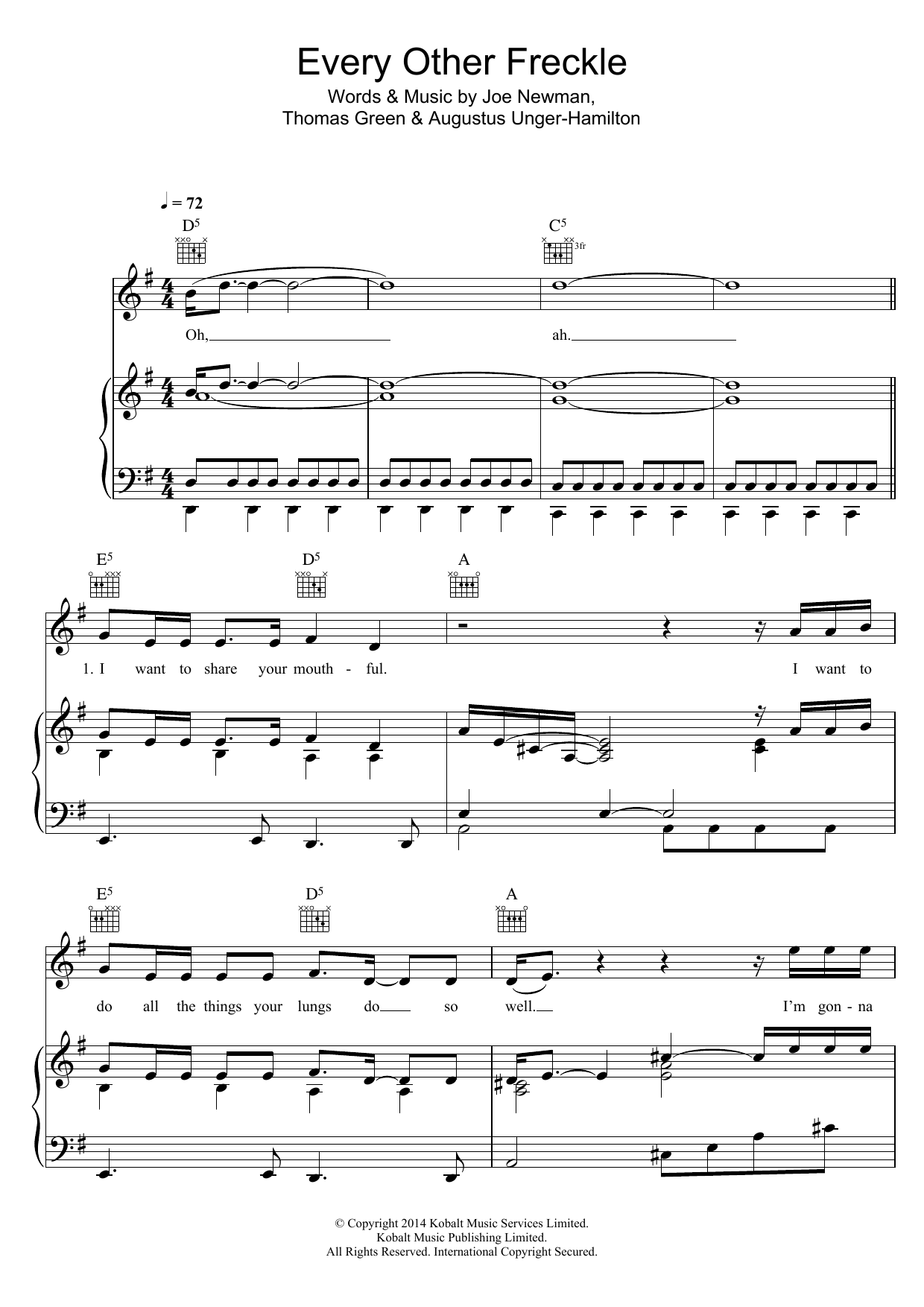 Alt-J Every Other Freckle sheet music notes and chords arranged for Piano, Vocal & Guitar Chords