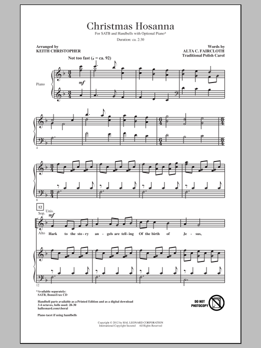 Alta C. Faircloth Christmas Hosanna (arr. Keith Christopher) sheet music notes and chords arranged for SATB Choir