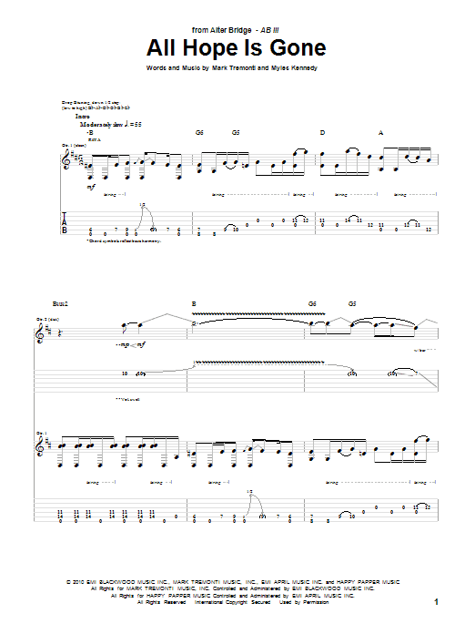 Alter Bridge All Hope Is Gone sheet music notes and chords arranged for Guitar Tab