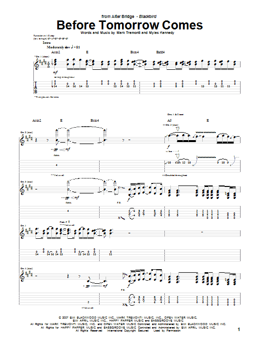 Alter Bridge Before Tomorrow Comes sheet music notes and chords arranged for Guitar Tab