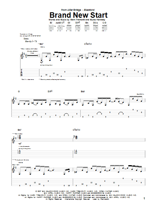 Alter Bridge Brand New Start sheet music notes and chords arranged for Guitar Tab