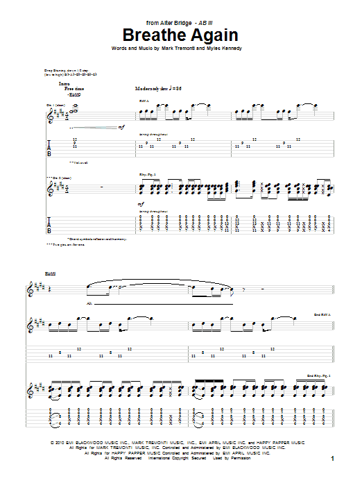 Alter Bridge Breathe Again sheet music notes and chords arranged for Guitar Tab