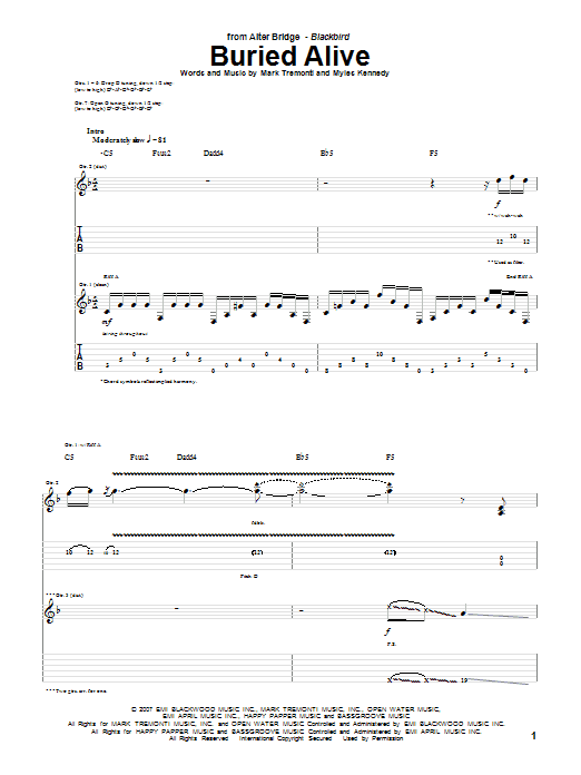 Alter Bridge Buried Alive sheet music notes and chords arranged for Guitar Tab